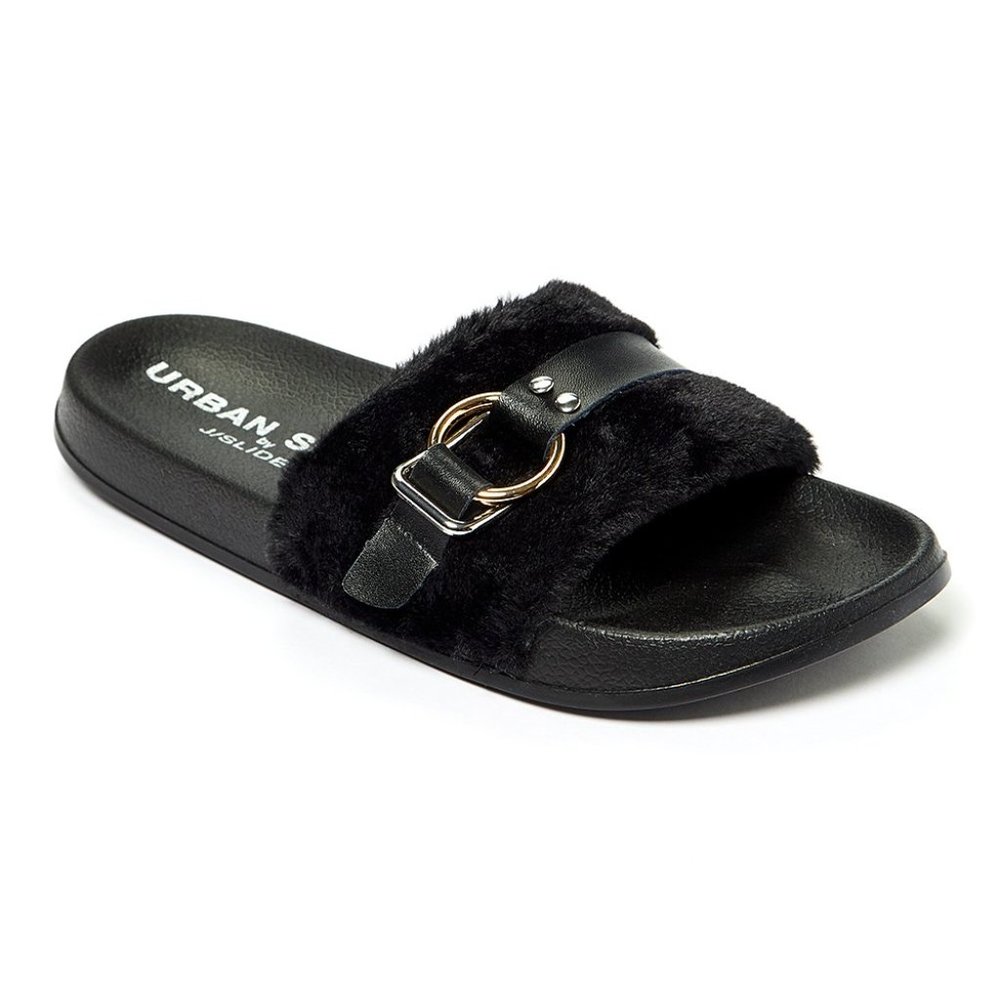 J Slides Black Faux Fur Slide with Gold Buckle